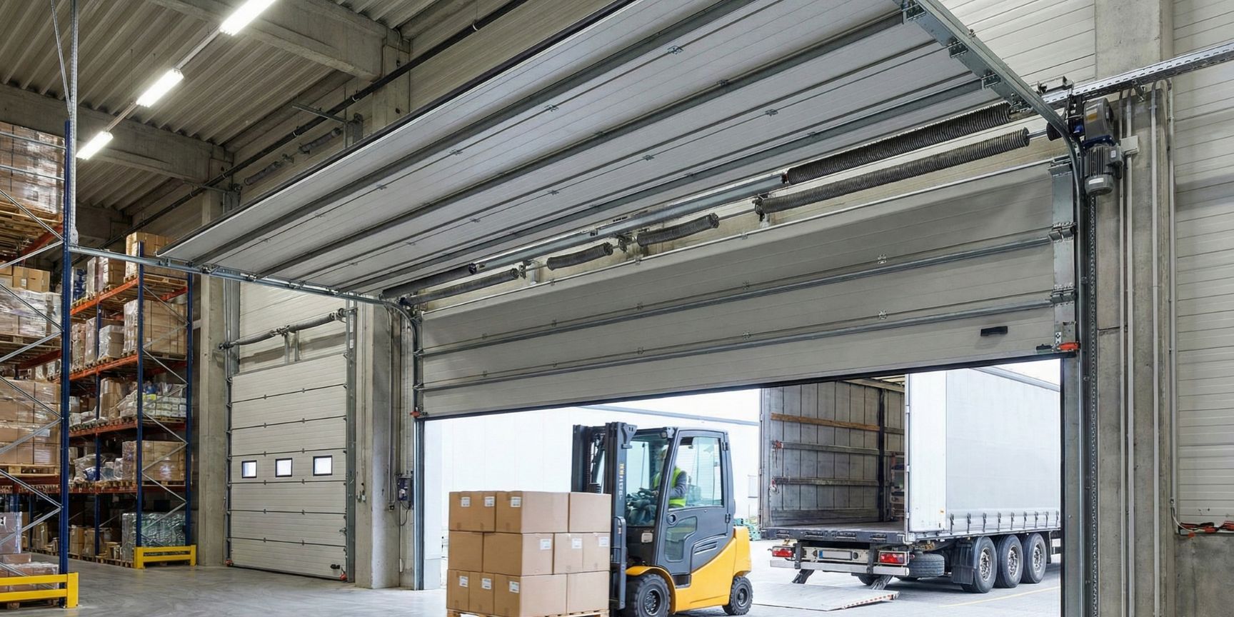 : Interior view of a logistics hall in which a large sectional door has moved under the ceiling to allow a forklift with pallets to pass through to a docked truck. The technical components such as torsion spring shaft, electric drive unit and ceiling rails are clearly visible.
